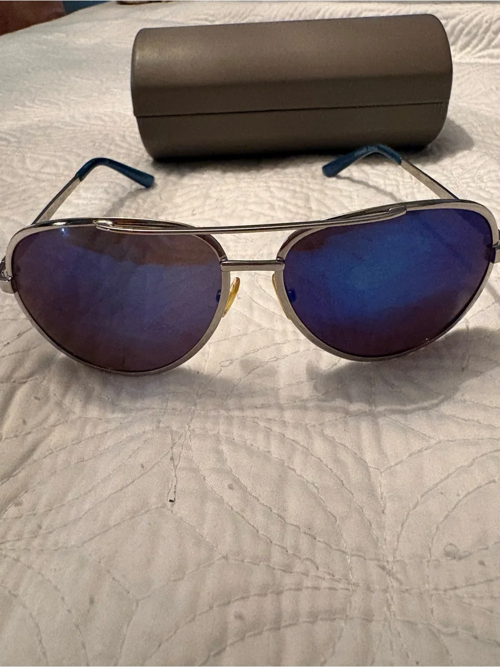 BCBG MaxAzria Aviator Sunglasses with Blue Mirrored Lenses and Hard Case